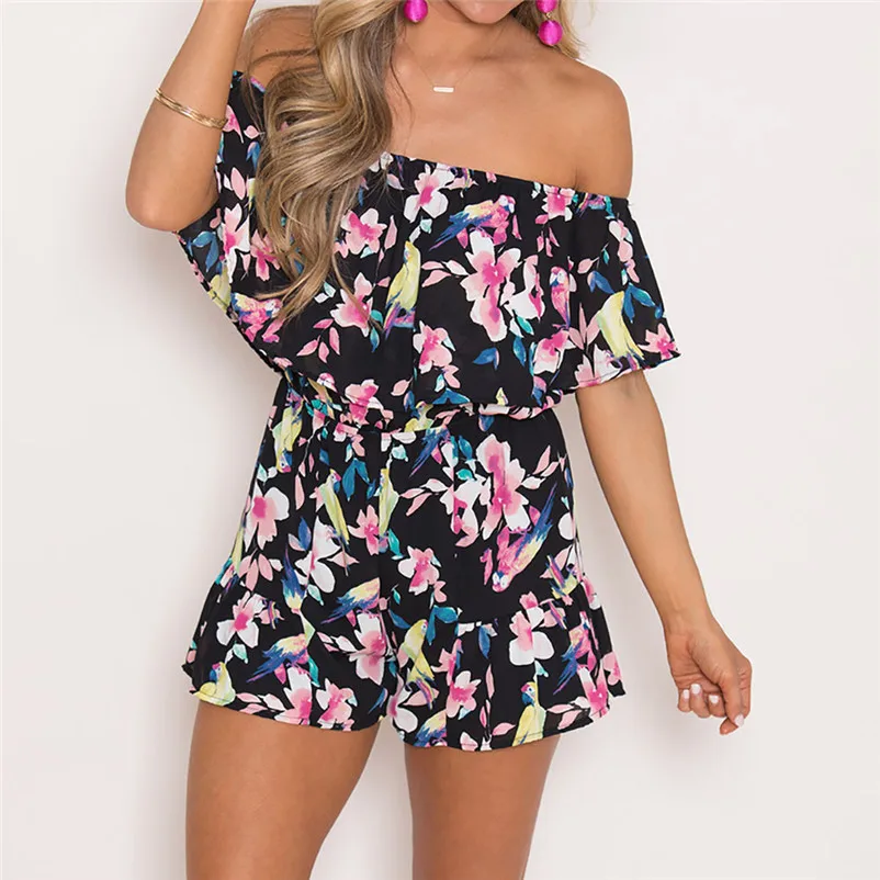 Fashion summer jumpsuit woman 2018 Off Shoulder Floral Bird Print Mini Playsuit Ladies Shorts Bodysuit pantaloni siamesi J21#N (12)