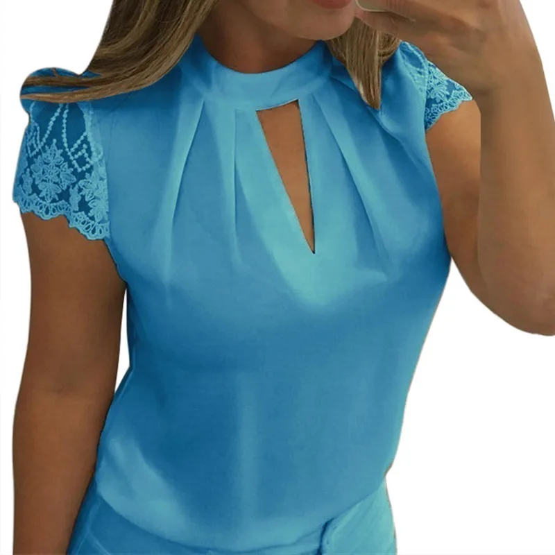 Laamei, кружевные блузки для женщин,, открытые сексуальные топы, Женские однотонные повседневные офисные рубашки размера плюс 5xl, блузки с v-образным вырезом, уличная одежда - Цвет: blue