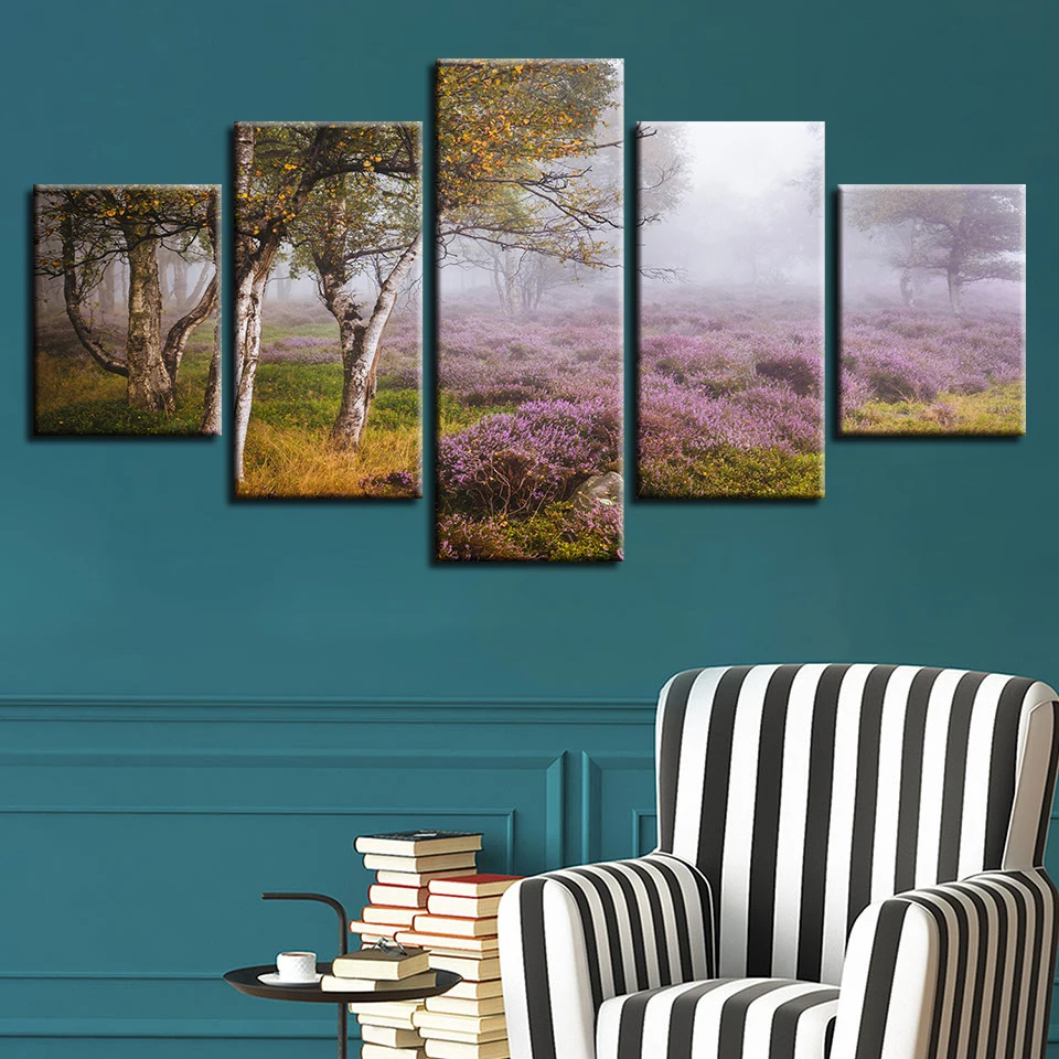 Modular Canvas Paintings Wall Art 5 Pieces Lavender Flowers And Trees Natural Scenery Pictures Living Room Decoration HD Prints