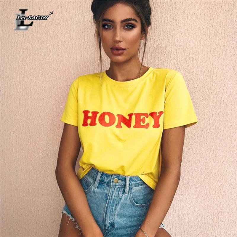 

Lei-SAGLY 2018 New Fashion Summer Yellow T-Shirts Red Letter "HONEY" Youth Girls Short T-Shirt O-Neck Casual Tops Woman Clothing