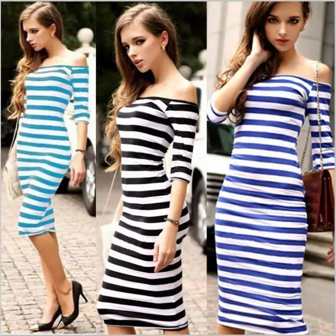 

Women Dress Elegant Off-shoulder Sexy Slim Striped Dress Women's Half Sleeve Slash Neck Casual Knee-length Pencil Ladoes Dresses