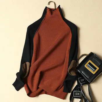 

women loose knit turtleneck sweater new autumn and winter patchwork all-match long sleeved Pullover female coat
