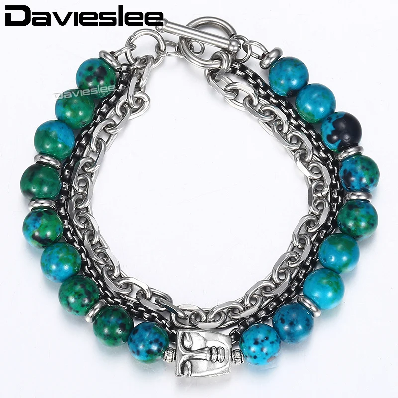 

Double Faces Charm Bracelets for Men Stainless Steel Elastic Round Box Rolo Green Phoenix Stone Mens Bracelet Beads Chain LDB41