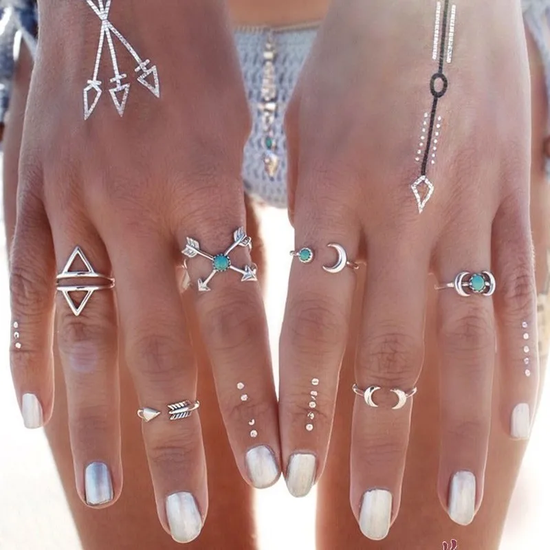 2016 New Turkish Moon Arrow 6PCS/Set Bohemia Vintage Punk Rings Unique Carving Tibetan Silver Plated knuckle Joint Ring Set R931 | Украшения
