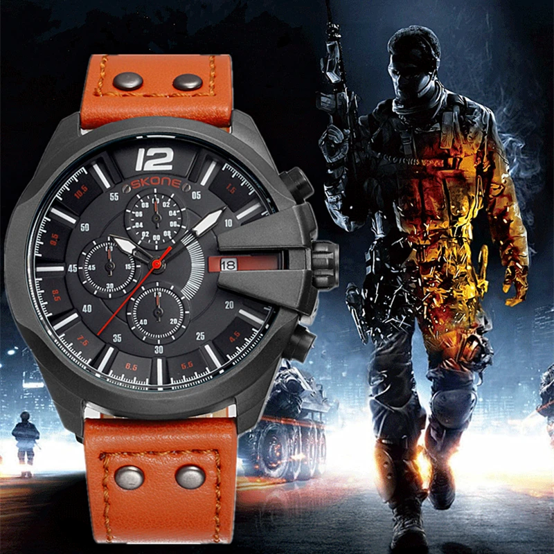 Prix pour SKONE Hommes de Chronographe chronomètre Sport Quartz Montre Homme Armée Militaire Bracelet En Cuir montres Relogio Masculino Hommes Montres 2016 Prix pour SKONE Hommes de Chronographe chronomètre Sport Quartz Montre Homme Armée Militaire Bracelet En Cuir montres Relogio Masculino Hommes Montres 2016