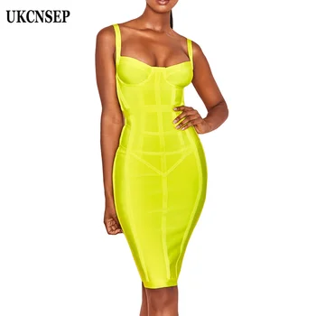 

UKCNSEP Summer Dress Yellow Spaghetti Bodycon Knee Length Womenbandage Dress 2020 Hot