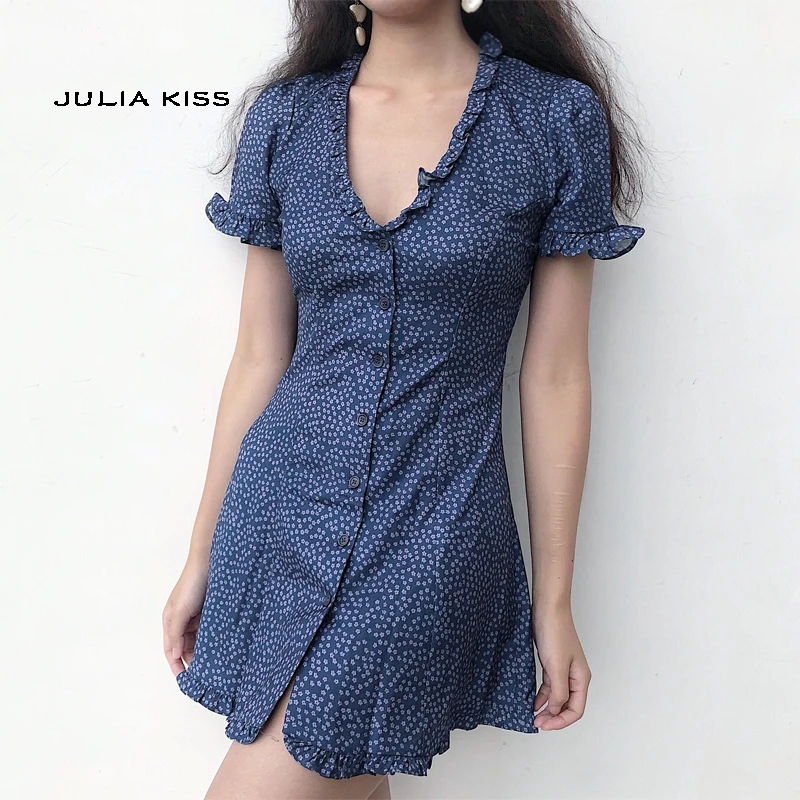 

Women Print V Neck Button Up Mini Dress with Frill Trimming