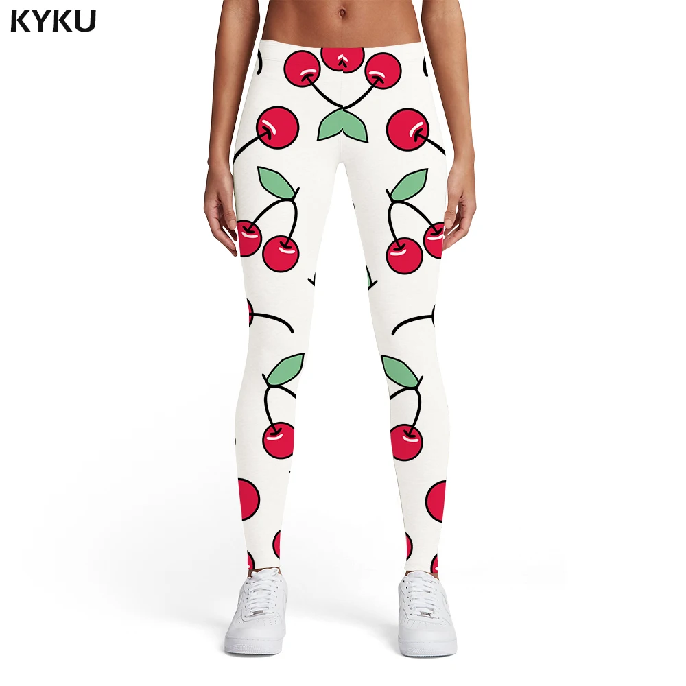 

KYKU Brand Cherry Leggings Women Fruit Leggins Cartoon Elastic White Trousers Abstract Sport Womens Leggings Pants Jeggings