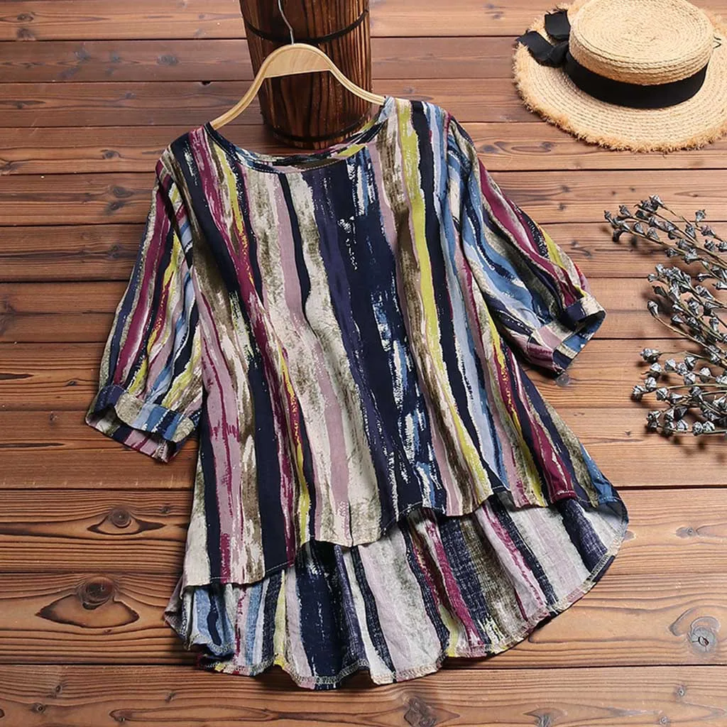

Blouse Womens Loose Linen Plus Size Stripe Print Boho Tanic Shirt Blouse Tops Blusas Mulher Elegantes Womens Tops And Blouses