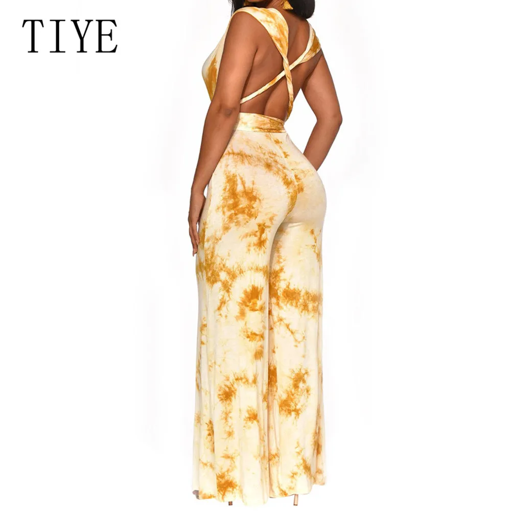 TIYE Sexy Deep V-neck Cross Bandage Loose Jumpsuits with Belt Elegant Hollow Out Wide Leg Playsuits Women Casual Summer Wear TIYE Sexy Deep V-neck Cross Bandage Loose Jumpsuits with Belt Elegant Hollow Out Wide Leg Playsuits Women Casual Summer Wear