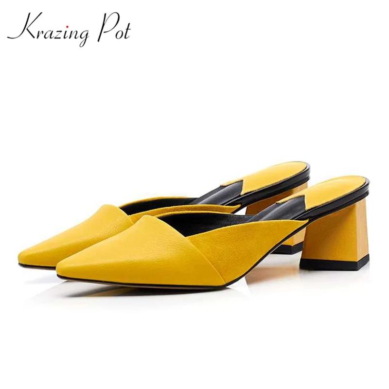 

Krazing pot genuine leather superstar sandals women princess outside slipper shallow high heels European lazy gorgeous mules L33