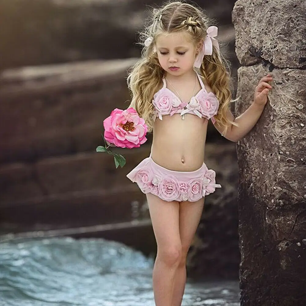 Infant Kids Baby Girls Bandage Bikini Set Swimwear Swimsuit Pricess 3D Floral Pearl Tankini Bathing Suit Pricess Beachwear