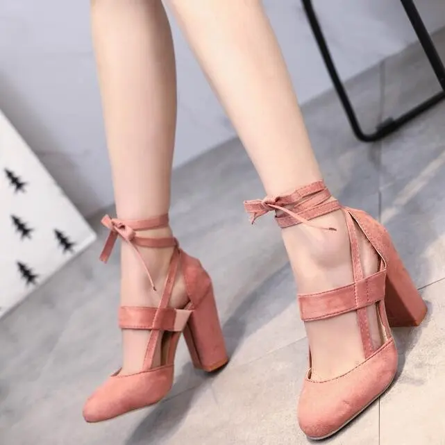

34-43 Solid Pumps Women Sandals Shoes Sexy 10cm High Heels Flock Lace-Up Casual Non-slip Ankle Strap Thick Heel Female Shoes