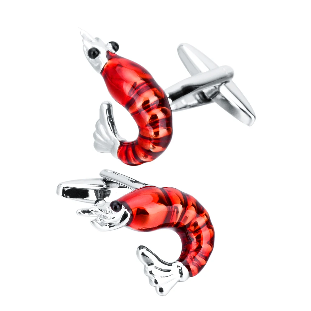 Phenovo 3D Red Shrimp Lobster Animal Brass Cufflinks Funny Mens Cuff Links Jewelry cube design cufflinks for mens Tie Clips 