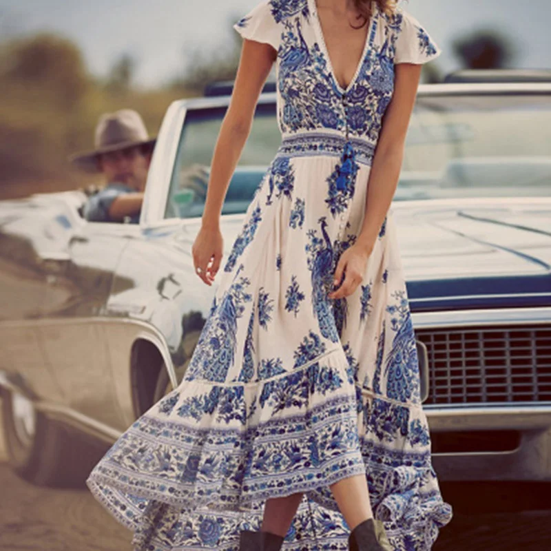 Летнее платье в стиле бохо, женское этническое сексуальное Ретро винтажное платье с принтом, Пляжное Платье с кисточками, богемное платье в стиле хиппи, платье vestidos mujer LX4 - Цвет: Синий