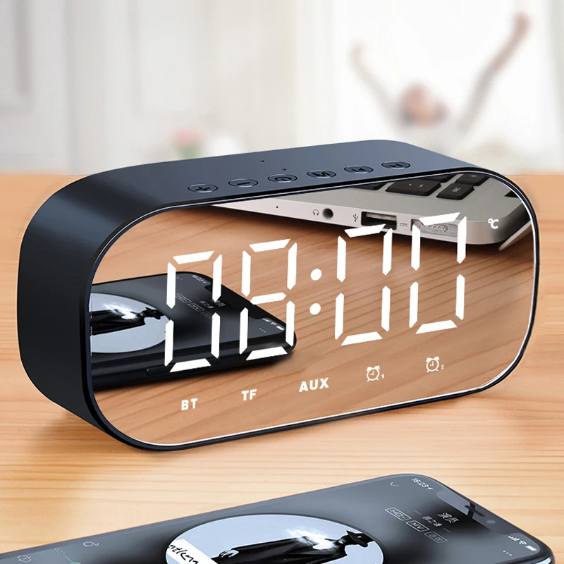 Günstig Bluetooth Lautsprecher mit FM Radio LED Spiegel Wecker Subwoofer Musik Player Snooze Desktop Clock Wireless