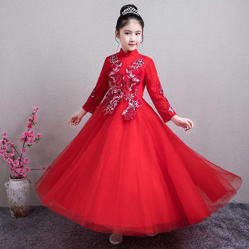 

2018 Autumn New Teens Kid Wedding Dresses Child's Clothes Girls Embroidery Flowers Chinese Retro Style Princess Red Collar Dress