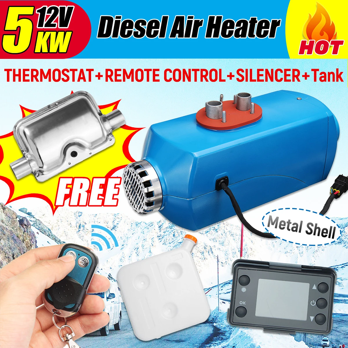 

12V 5000W LCD Monitor Parking Heater Air diesels Fuel Heater Car Heater Single Hole 5KW With Remote Control and Silencer