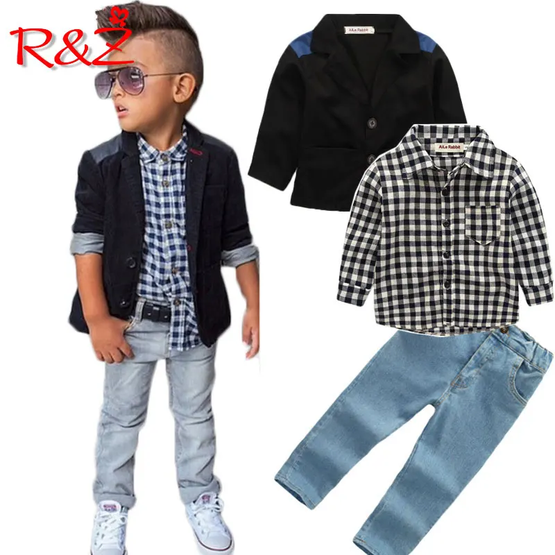 R&ampZ 2019 autumn new boy suit plaid shirt jeans 3 piece set denim clothing children long sleeve jacket | Детская одежда и обувь