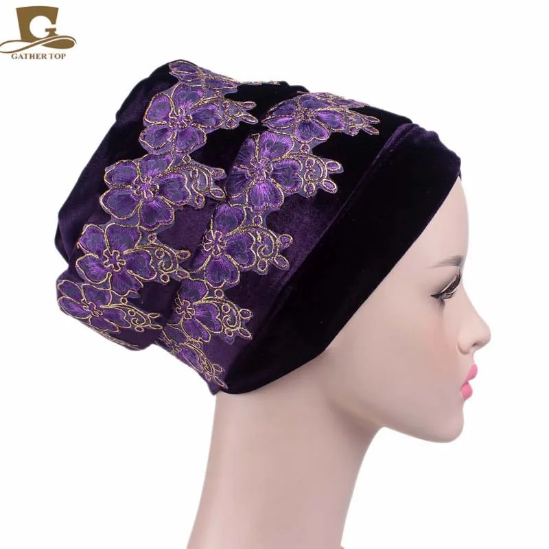 

New 3D flower embroidery long velvet turban Head Wrap stylish head scarf women africa hijab