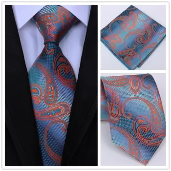 

New Fashion Men Party Wedding Classic Pocket Square Tie Purple Blue Paisley 8CM Silk Woven Men Tie Necktie Handkerchief Set
