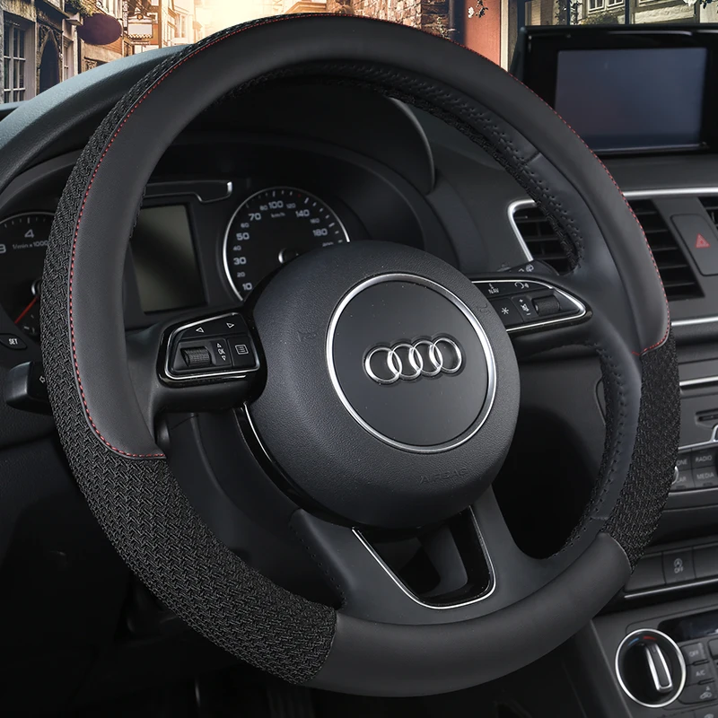 

KKYSYELVA Black Car Sport Steering Wheel Cover Leather Auto Steering Covers Universal 38CM wheel covers Car Inter Accessories