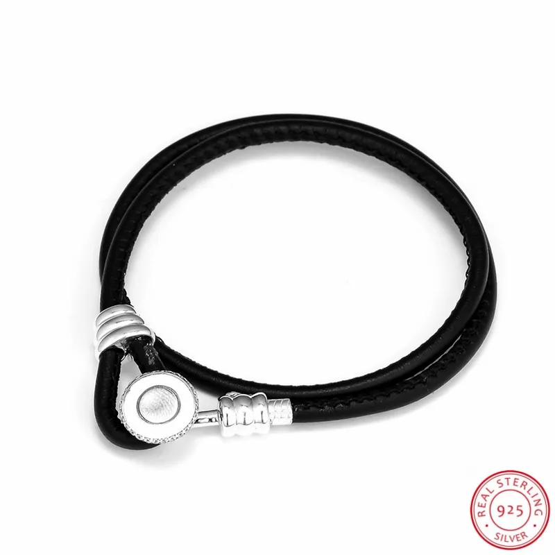 

Silver 925 Black Double Leather Women Bracelet with Loop Clasp Engraved with Classic Logo and Set with Glittering Stones PL403