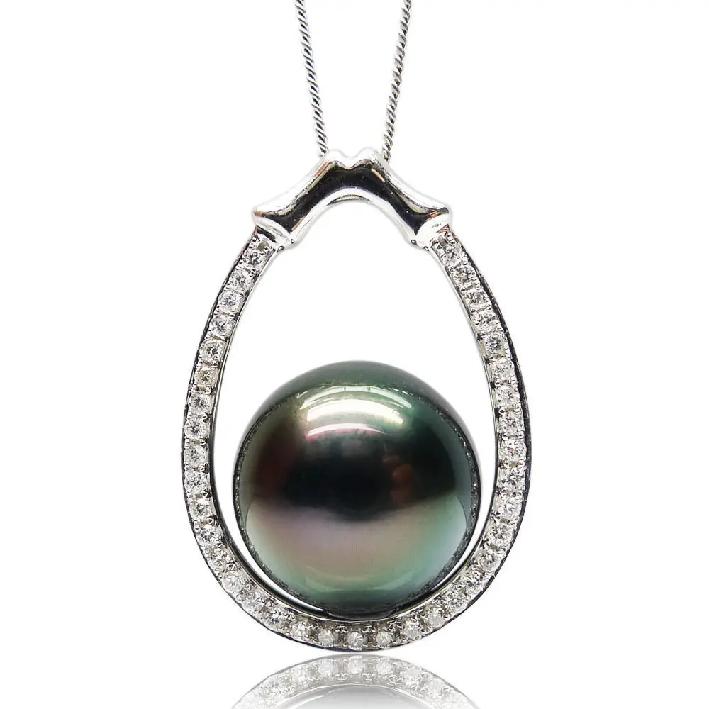 

free shipping 13.1mm Natural Green Genuine Tahitian Pearl Pendant 18 Solid White Gold