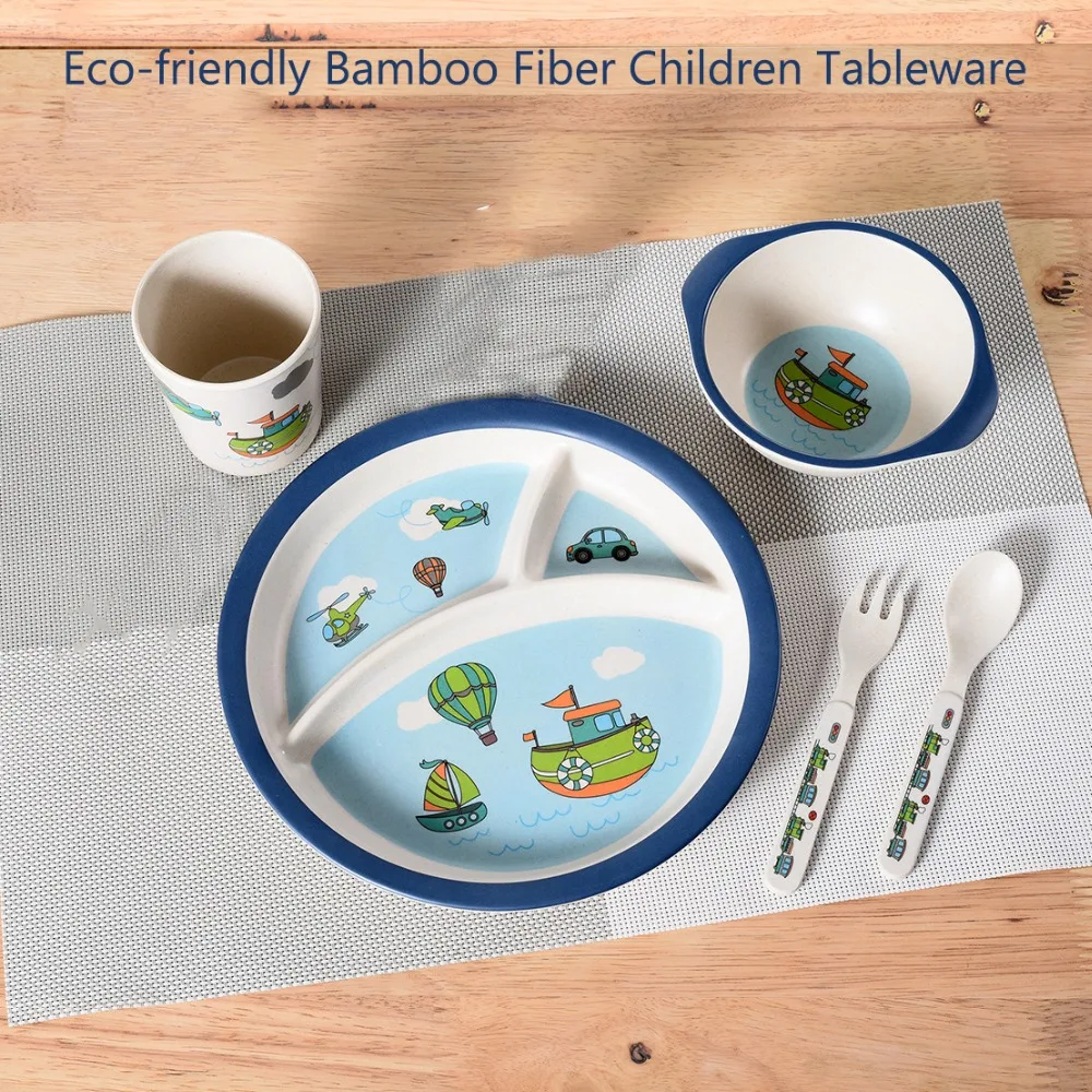 

5Pcs/Set Bamboo Fiber Children Tableware for children baby Dishes Dinnerware Set Feeding Bowl Dishes baby Dishes Dinnerware