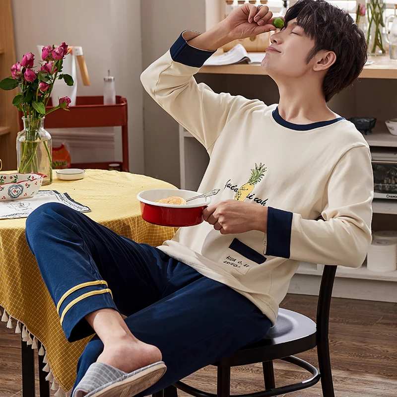 

J&Q new pajamas for men cotton sleepwear men's home clothes leisure pijamas para hombre long sleeves pants sleep top pajamas set