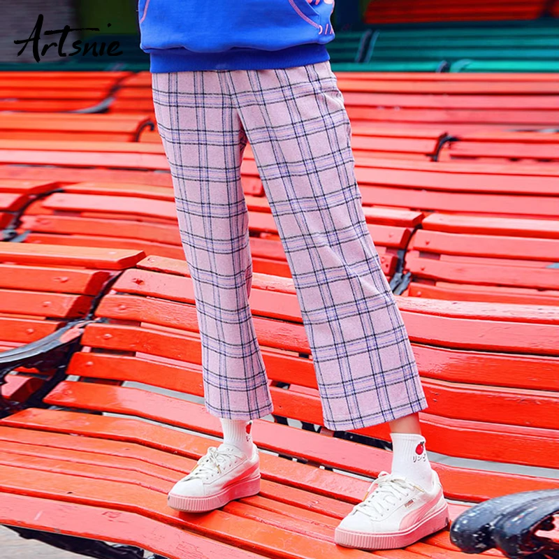 

Artsnie Winter 2018 High Waist Pink Plaid Casual Loose Pants Women Double Pockets Wide Leg Pants Autumn Girls Trousers Pants