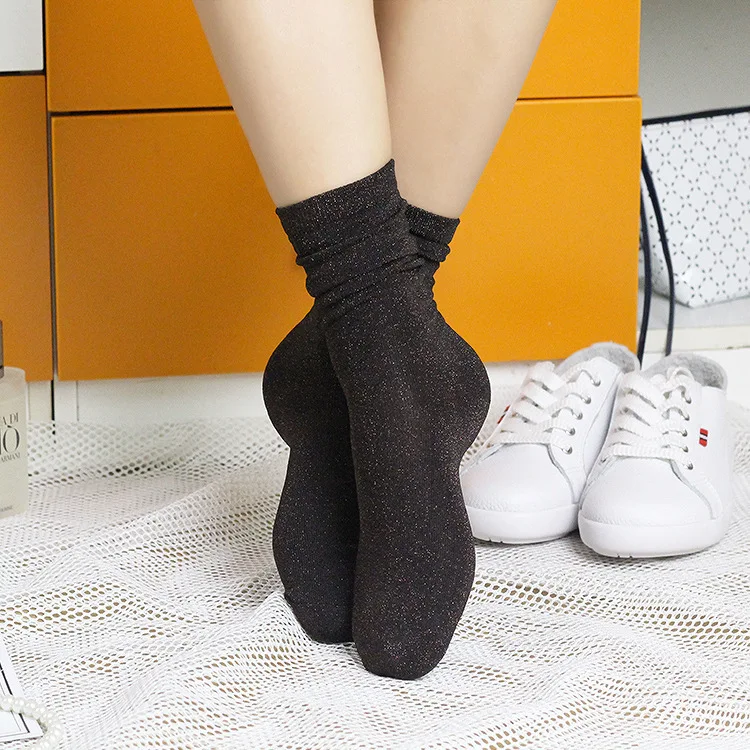 Muluhu/весенние хлопковые однотонные блестящие женские носки; модные блестящие носки с металлическими линиями; красивые плотные носки для девочек-студенток