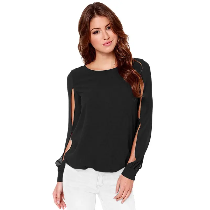 Women Sexy Casual Chiffon Solid Long Sleeve Blouse Club Party Loose