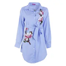 2019 Women Embroidery Long Blouse Blue And White Striped Lapel Long Sleeve Self Belted Embroidered Shirt embroidered striped sleeve tee
