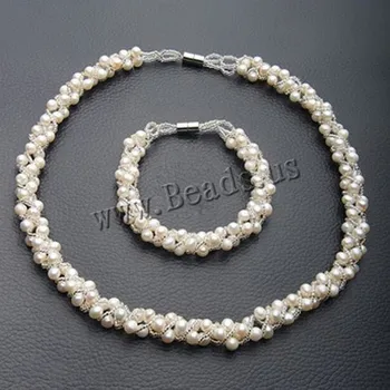 

Fashion Real Culture Pearl Jewelry Sets With Crystal For Women's Birthday Gift Include Necklace Bracelet and Earring Three siuts
