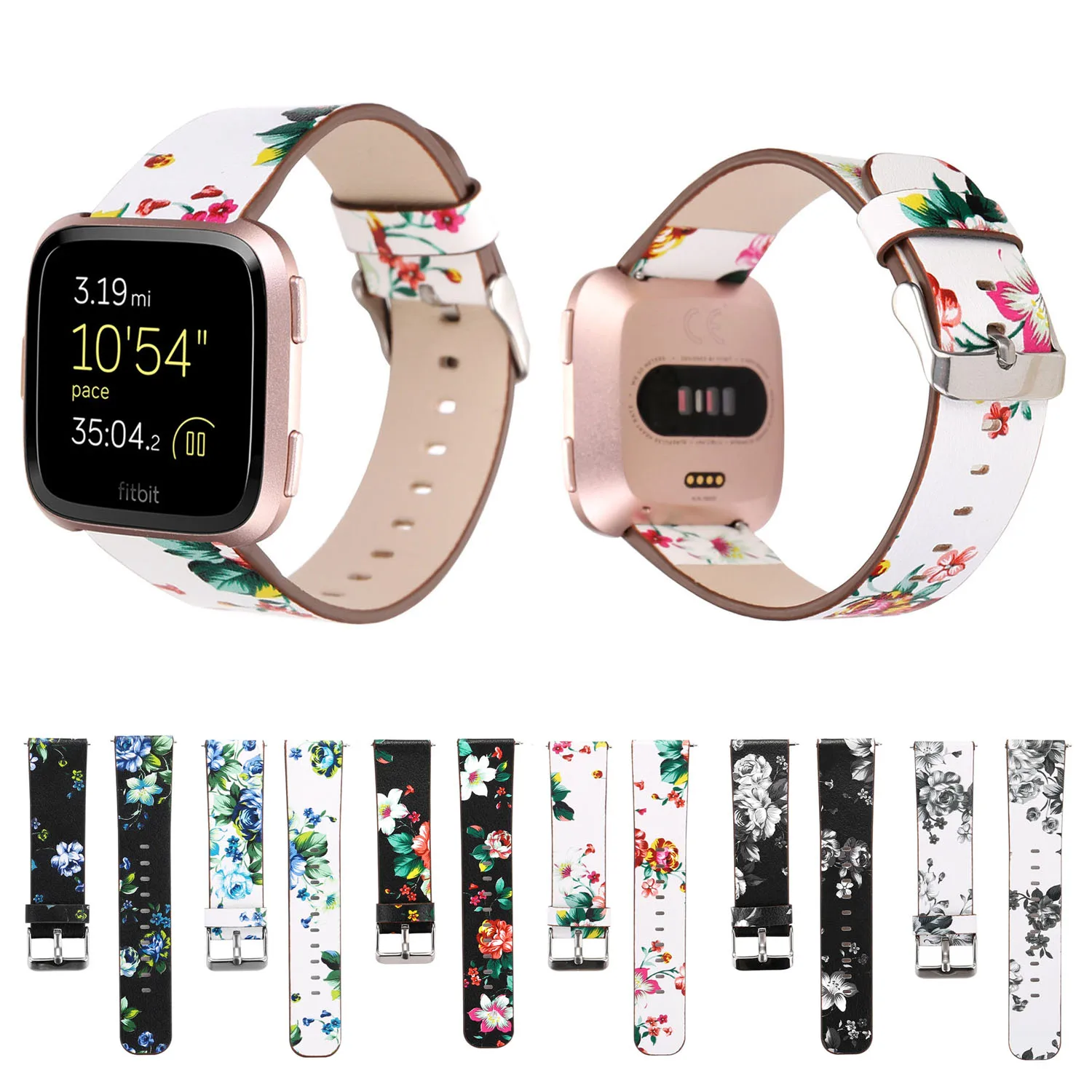 

YL Rural Flowers Leather Band For Fitbit Versa Strap Floral Replacement Wristband for Versa Smart Watchband w Quick Release Pins