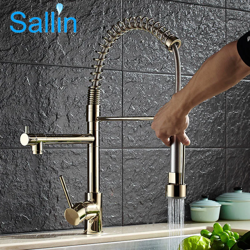 

Luxury Gold Color New Kitchen Faucet Tap Two Swivel Spouts Extensible Spring Mixer Tap Gold Pull Out Down Kitchen Sink Faucet