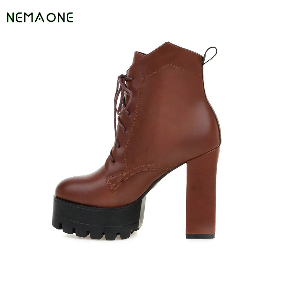 

NEMAONE Women Winter Snow Ankle Boots Lace Up High Heels Platform Warm Fur Shoes Woman Botas Mujer Big Size 34-43