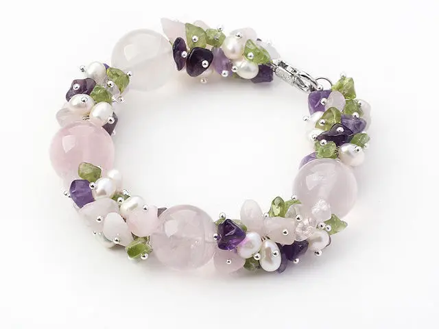 Nice Chunky Amethyst, Rose Quartz, Peridot and FreshWater Pearl bracelet