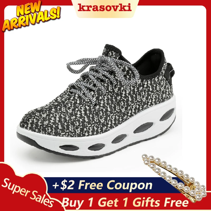 

Krasovki Sneakers Women Casual Shoes Toning Flying Knitting Fitting Breathable Comfortable For Women Walking Female Fashion Shoe