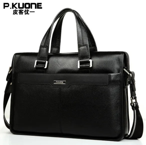 P. KUONE мужской портфель из натуральной кожи, деловая сумка на плечо, Повседневная дорожная сумка, сумка-мессенджер для 15 дюймов, notbook