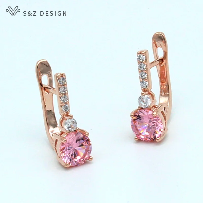 S&Z DESIGN New Fashion Round 585 Rose Gold Color Cubic Zirconia Dangle Earrings For Women Girl Wedding Party Jewelry