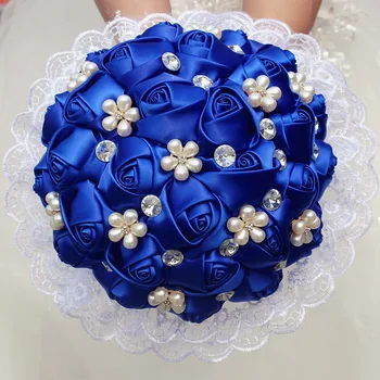 

1Piece Lace New Simple Royal Blue Rose Flowers Bridal Wedding Bouquet Pearl Diamond Bridesmaid Wedding Flowers Bouquet W2286