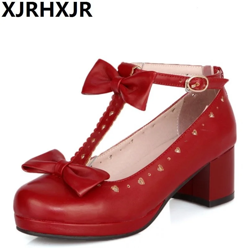 

XJRHXJR Shoes Sweet T-strap Cutout Bow Round Toe Casual Thick Heel Single Shoes Cosplay and Lolita Shoes for Woman Girls Pumps
