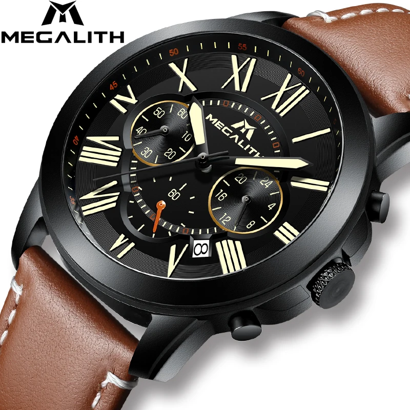

MEGALITH Fashion Watches For Men Top Brand Luxury Chronograph Leather Strap Sport Quartz Men Watches Male Army Military Clock