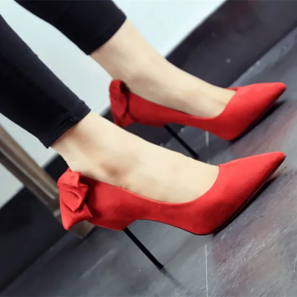 

2017 spring and summer pointed toe  rearfoot velvet bow thin heels high-heeled  red party shoes