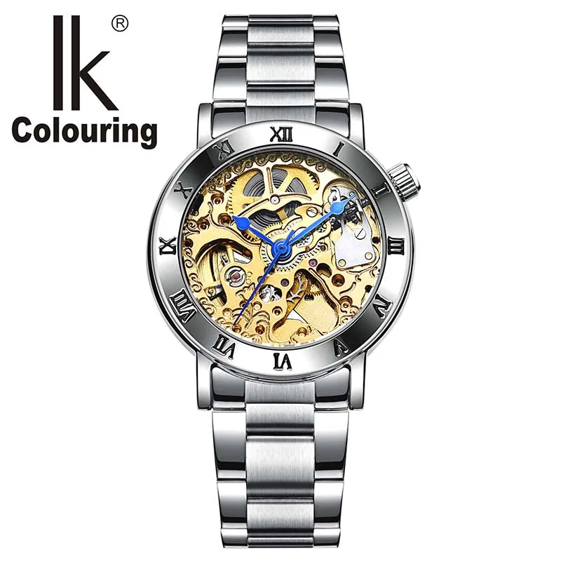 IK раскраска женские часы с дисплеем лучший бренд класса люкс простой Скелет Прозрачный чехол автоматические механические часы для женщин - Цвет: Gold