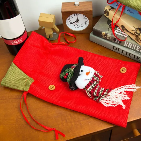 Linen Cloth Christmas Treat Bag With 3D Doll Drawstring Wine Bottle Cover Winter Holiday Decorations Presentes De Natal - Цвет: Snowman