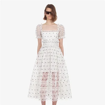 

2019 Summer New Lace Hollow Out Splice Square Collar Short Sleeves Long Princess Dress