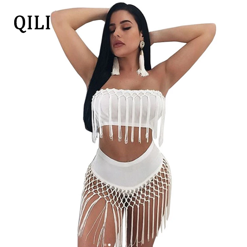 

QILI Beach Bodysuits White Black Short Rompers Two Piece Set Off The Shoulder Sleeveless Tassel Bodysuit Women Sexy Party Wear